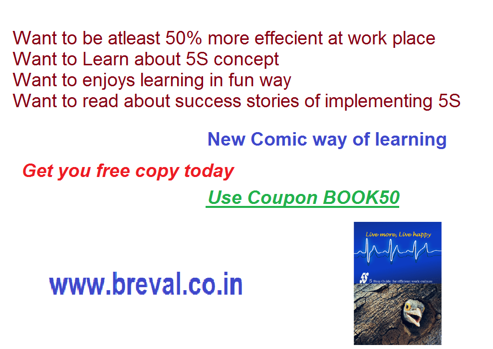 The image is an advertisement for a book on the 5S concept. The text highlights various benefits of learning 5S, such as becoming 50% more efficient at the workplace and enjoying learning in a fun way. It promotes a "New Comic way of learning" and offers a free copy of the book using the coupon code "BOOK50." The website URL provided is "www.breval.co.in." The bottom right corner of the image shows a book cover with the title "5S Steps Guide for efficient work culture" and the tagline "Live more, Live happy."