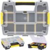 STST1-70720 tool organizer featuring a clear lid, multiple compartments, and a sturdy handle, ideal for storing tools, screws, and small parts