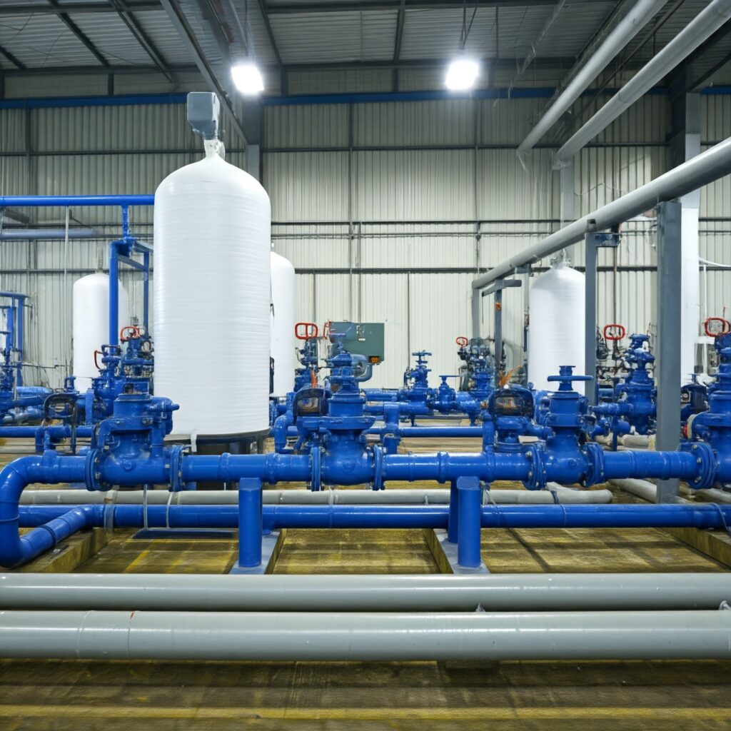 Industrial reverse osmosis (RO) plant with end-use pipes and equipment receiving treated water