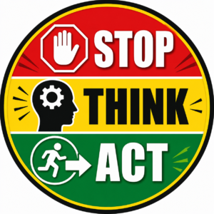 LeanKia Stop Think Act, 58 mm Round Metal Button Badge