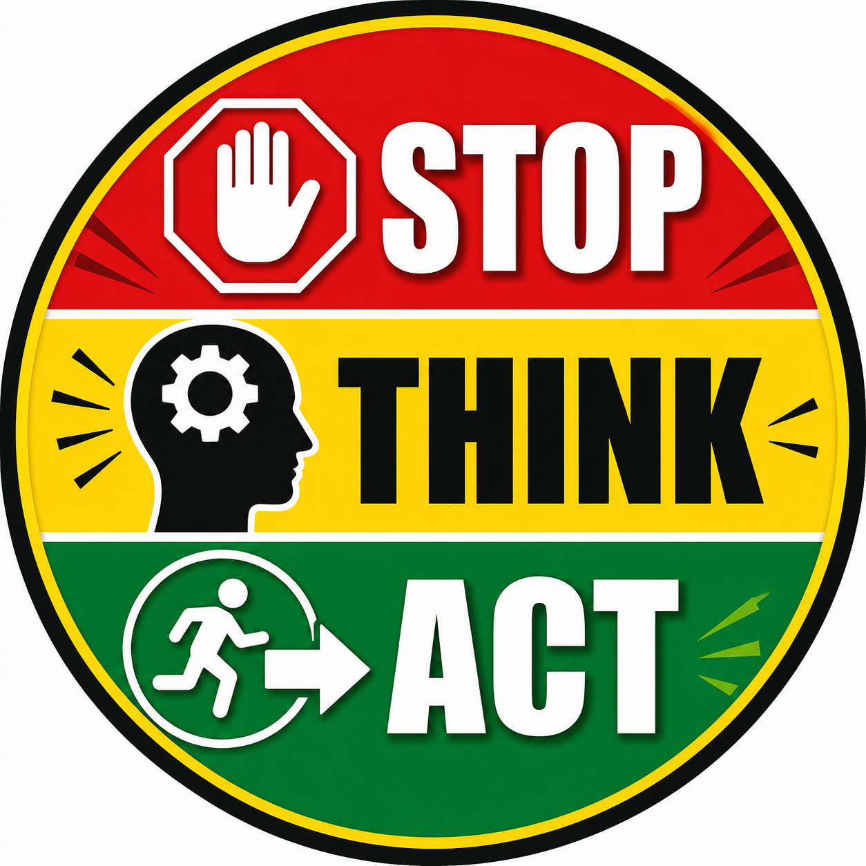 Stop Think Act, Badge, 58 mm